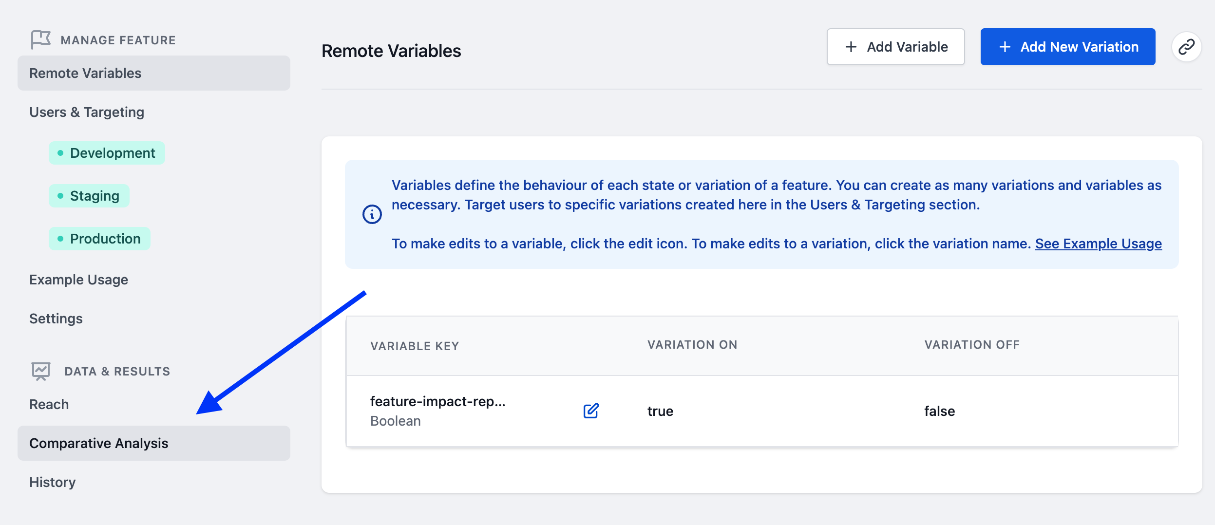 Comparative Analysis tab within a DevCycle feature&#39;s Data &amp; Results view